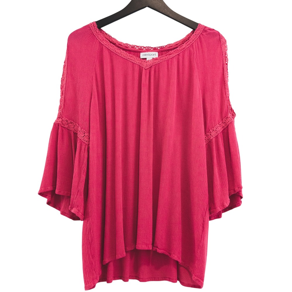 Westport Cold Shoulder Top Womens XL Hot Pink Bell‎ Sleeve Boho Lace Hippie